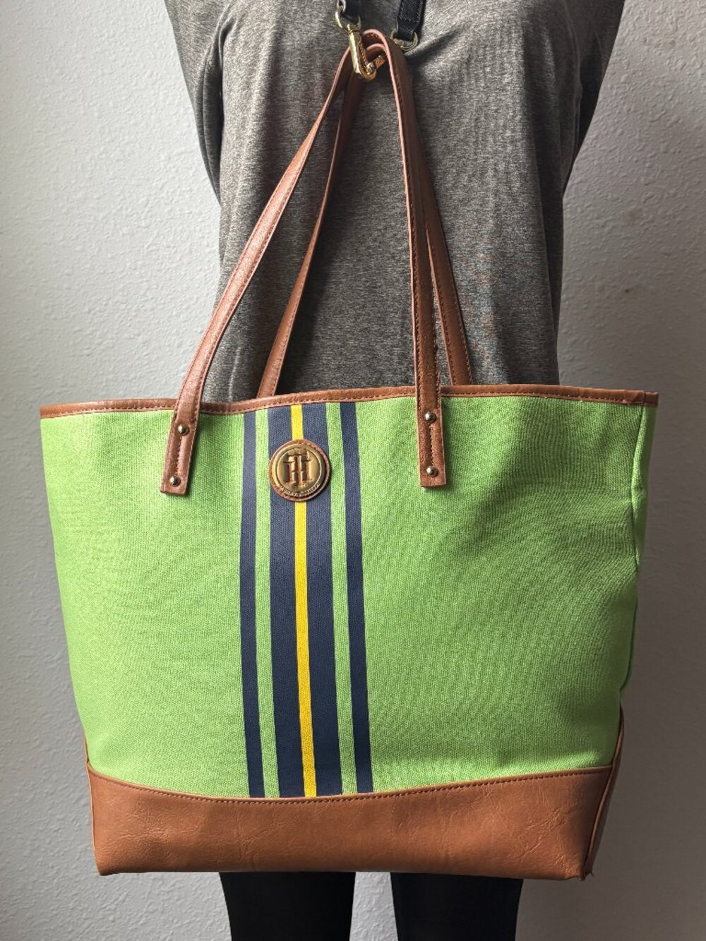Tommy Hilfiger Green Canvas Tote Bag Striped Faux Leather Trim Shoulder Purse
